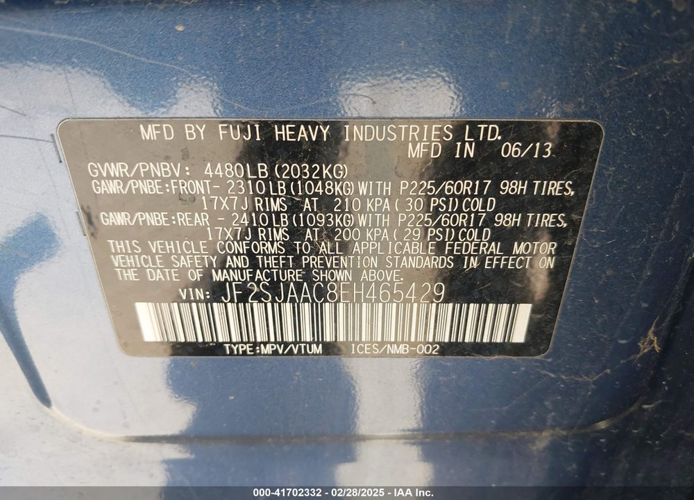 2014 SUBARU FORESTER 2.5I VIN: JF2SJAAC8EH465429