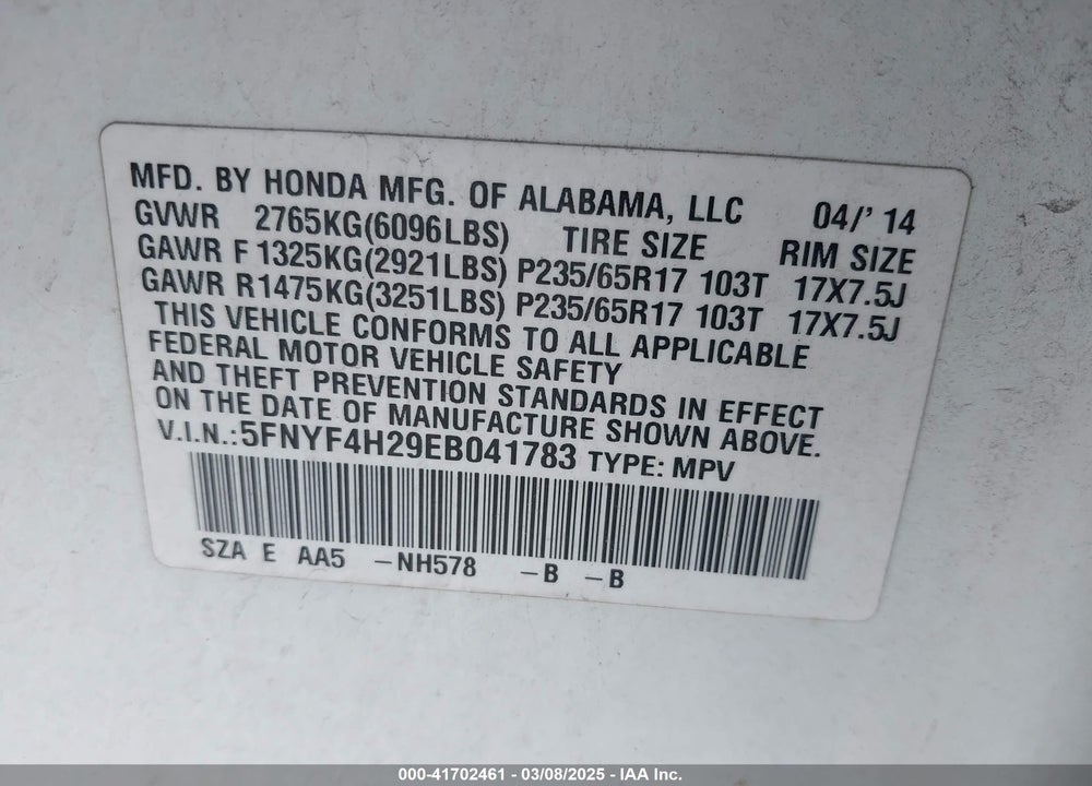 2014 HONDA PILOT VIN: 5FNYF4H29EB041783