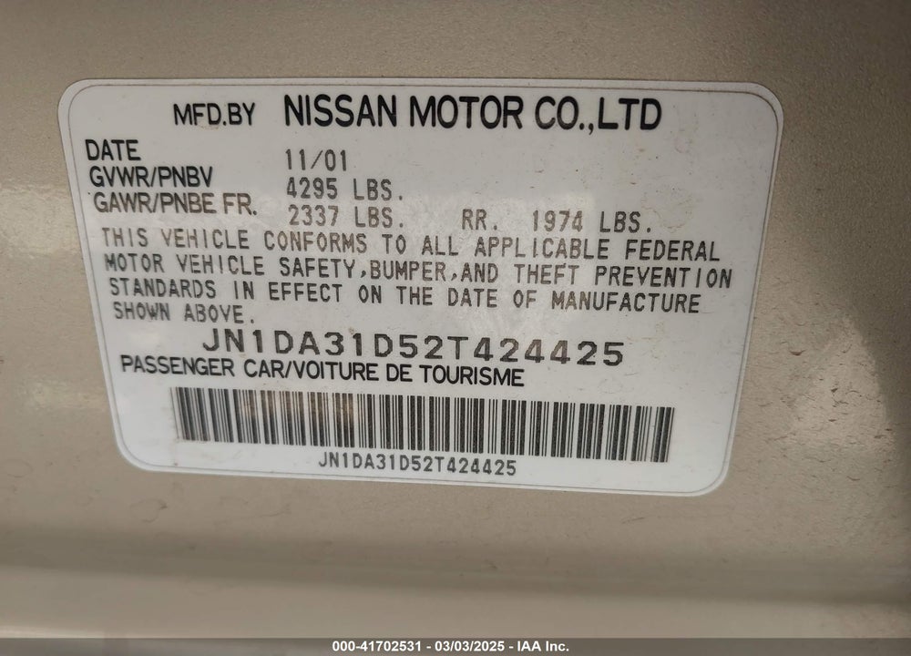 2002 NISSAN MAXIMA GLE/GXE/SE VIN: JN1DA31D52T424425