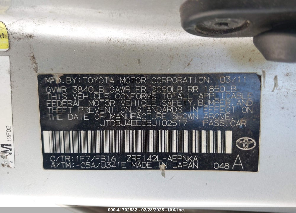 2011 TOYOTA COROLLA VIN: JTDBU4EE0BJ102517