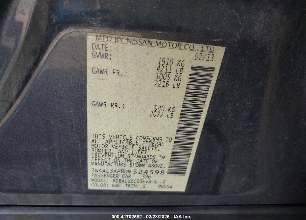 2013 NISSAN ALTIMA 2.5 SV VIN: 1N4AL3AP8DN524598