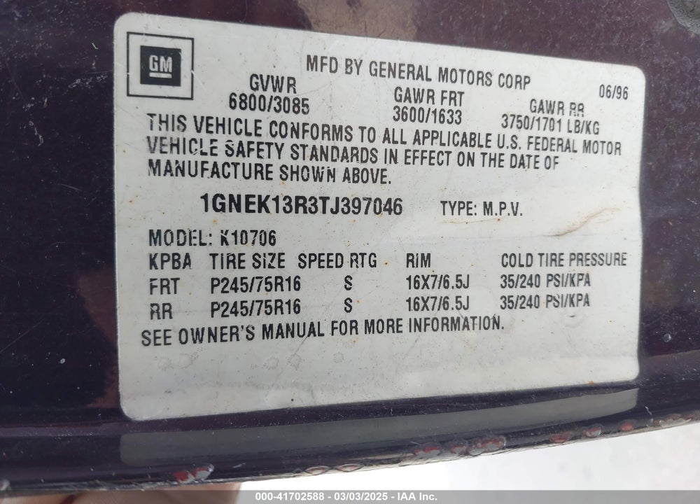 1996 CHEVROLET TAHOE K1500 VIN: 1GNEK13R3TJ397046