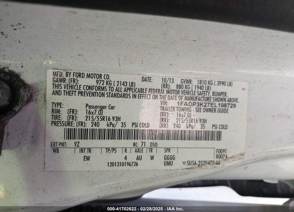 2014 FORD FOCUS VIN: 1FADP3K27EL198729