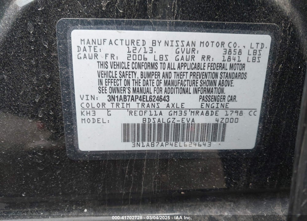 2014 NISSAN SENTRA VIN: 3N1AB7AP4EL624643