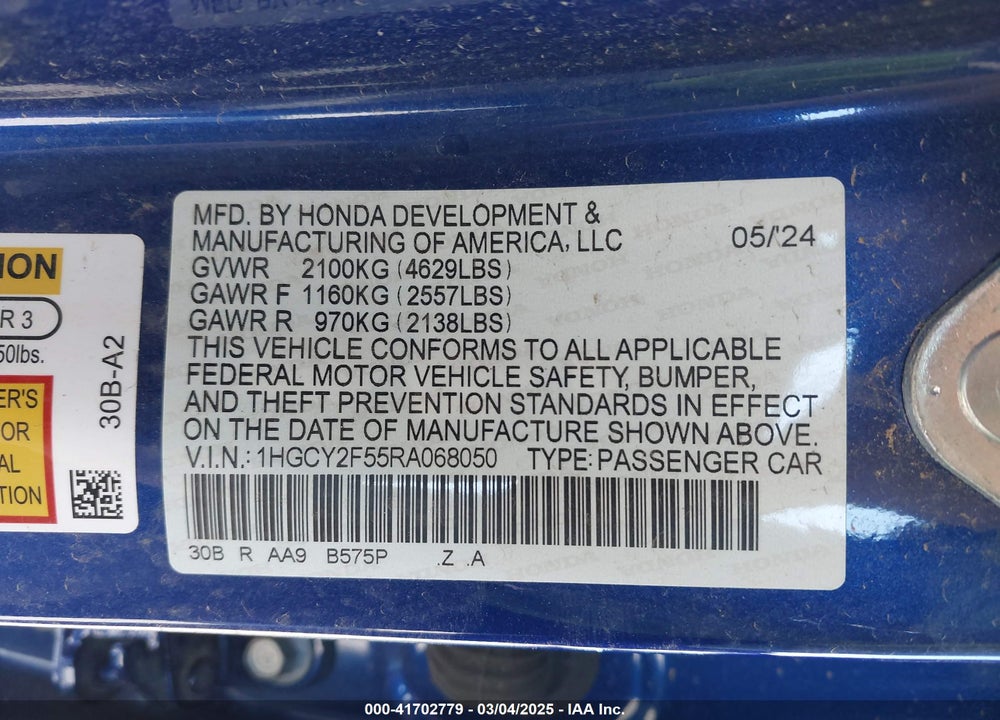 2024 HONDA ACCORD HYBRID SPORT VIN: 1HGCY2F55RA068050