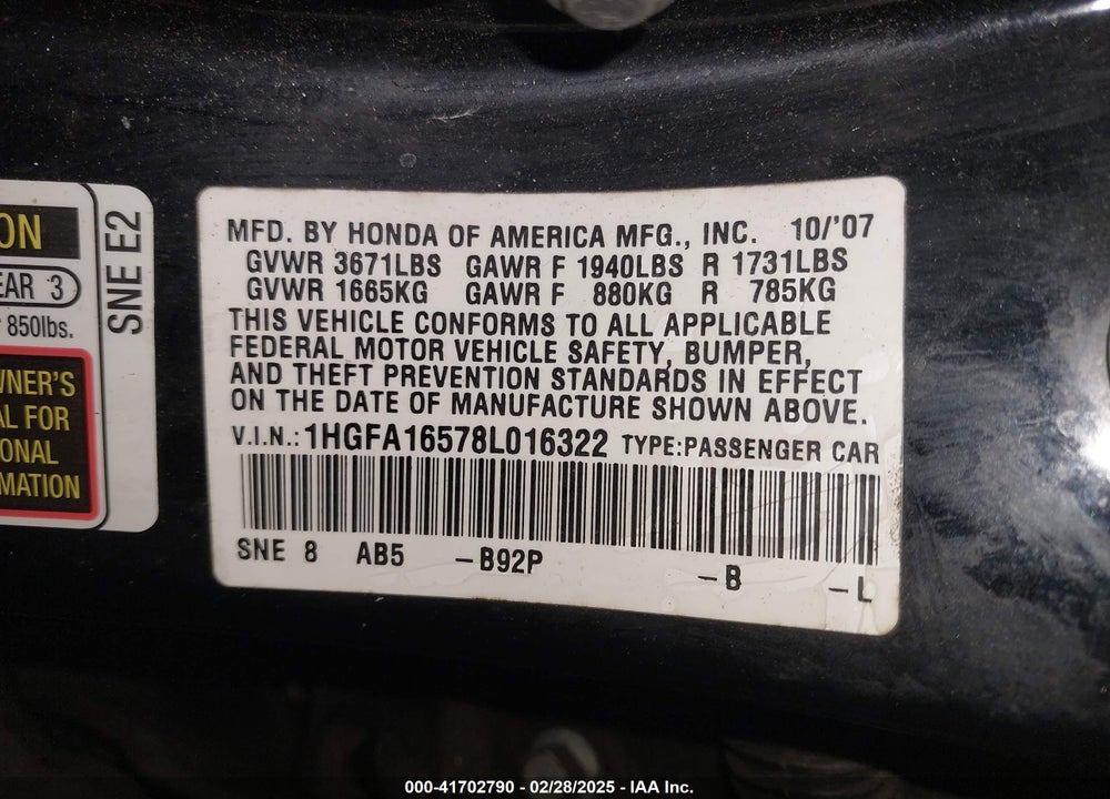 2008 HONDA CIVIC VIN: 1HGFA16578L016322