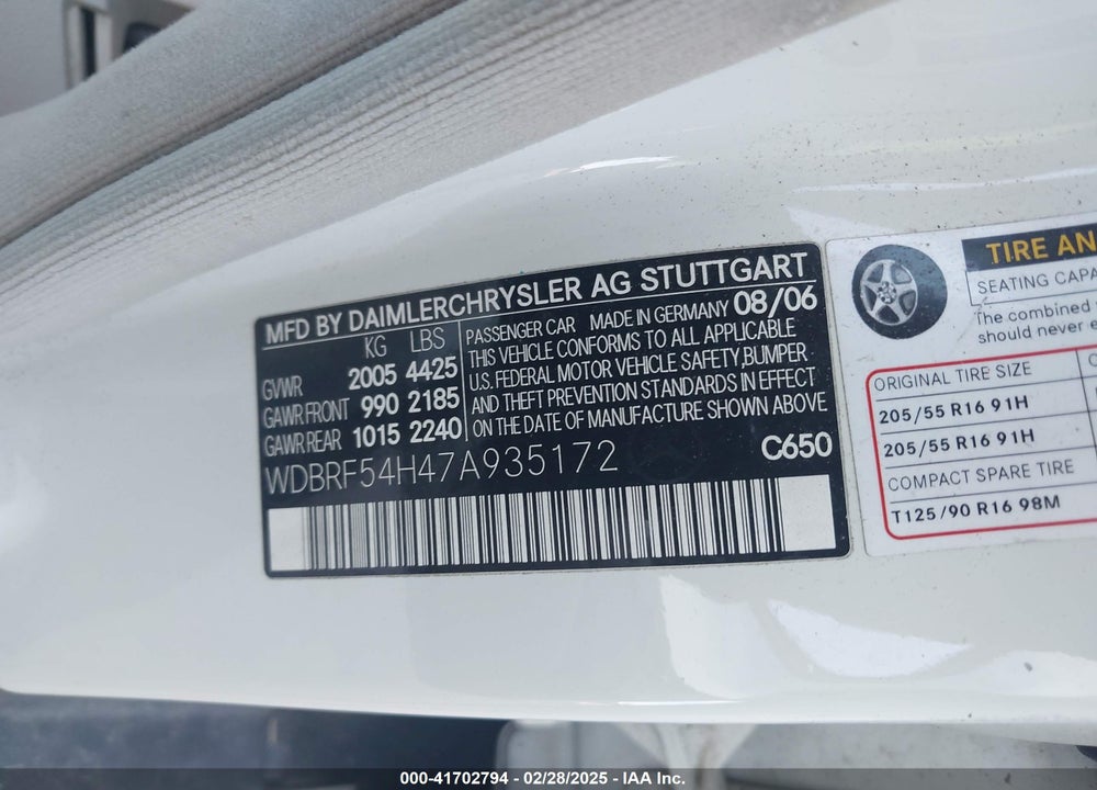 2007 MERCEDES-BENZ C 280 VIN: WDBRF54H47A935172