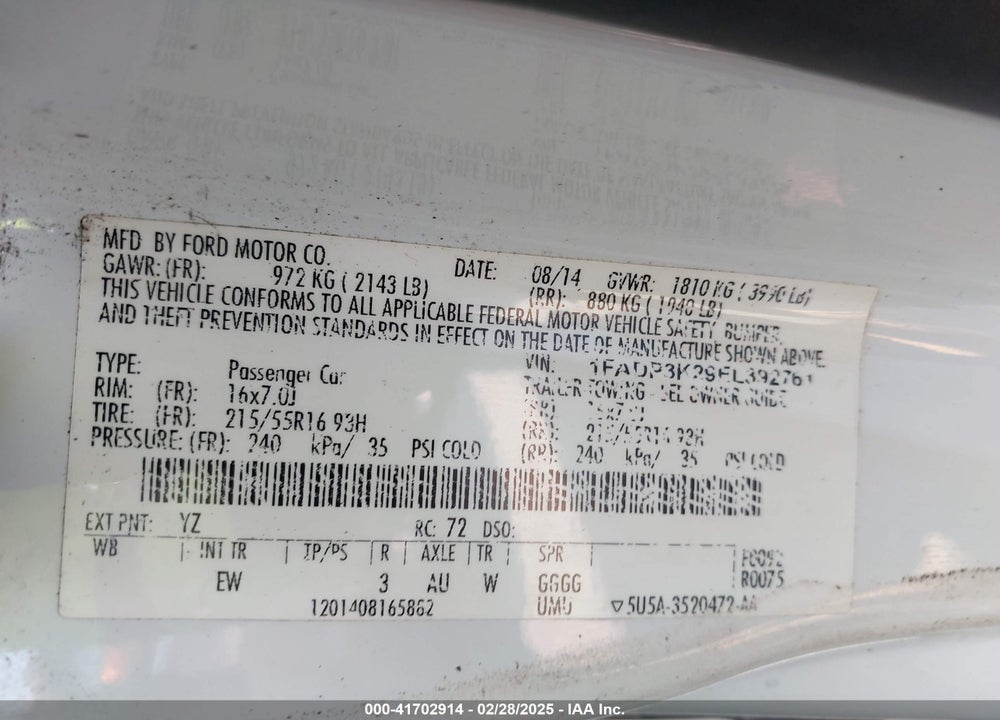 2014 FORD FOCUS VIN: 1FADP3K29EL392761