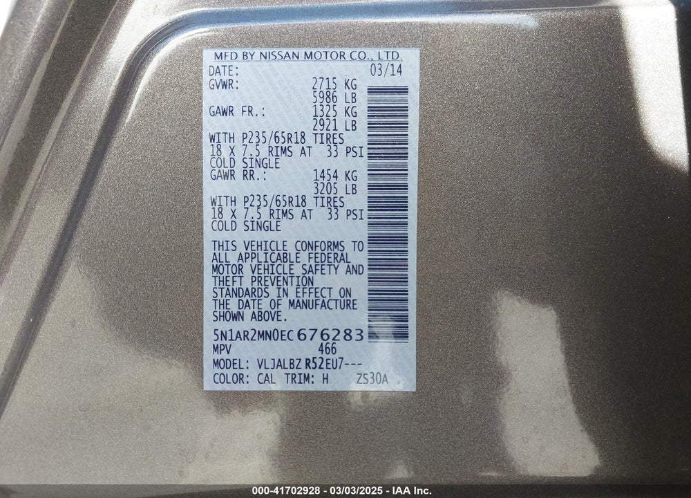 2014 NISSAN PATHFINDER VIN: 5N1AR2MN0EC676283