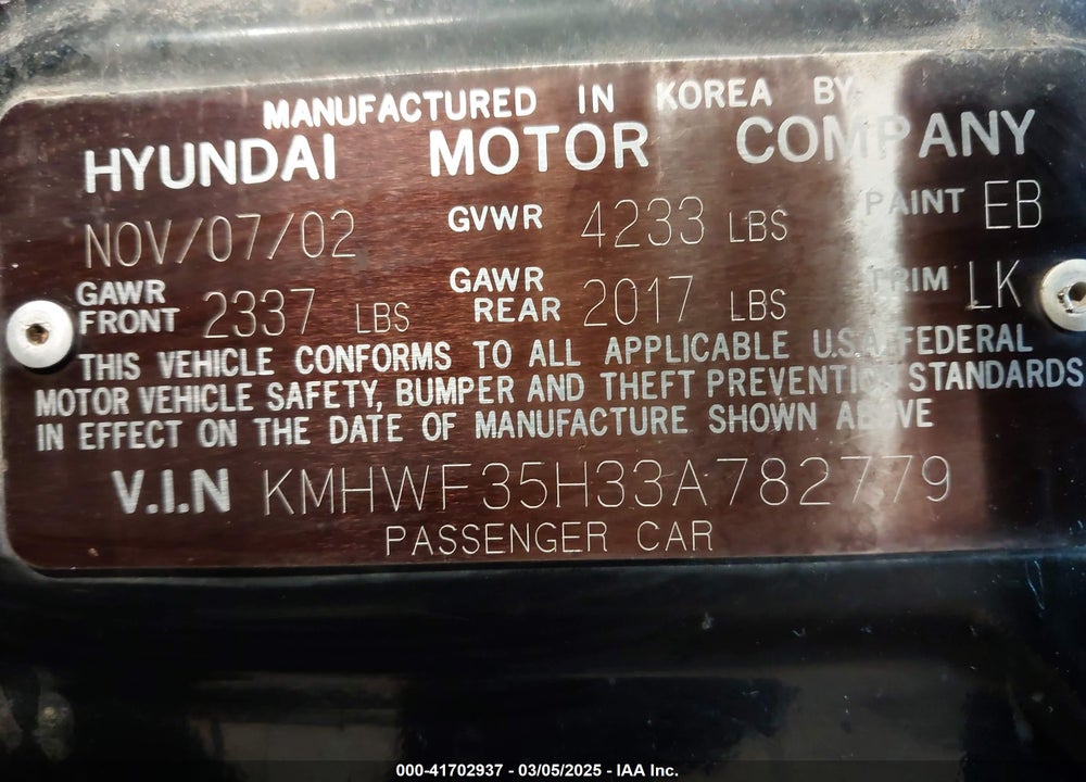 2003 HYUNDAI SONATA VIN: KMHWF35H33A782779