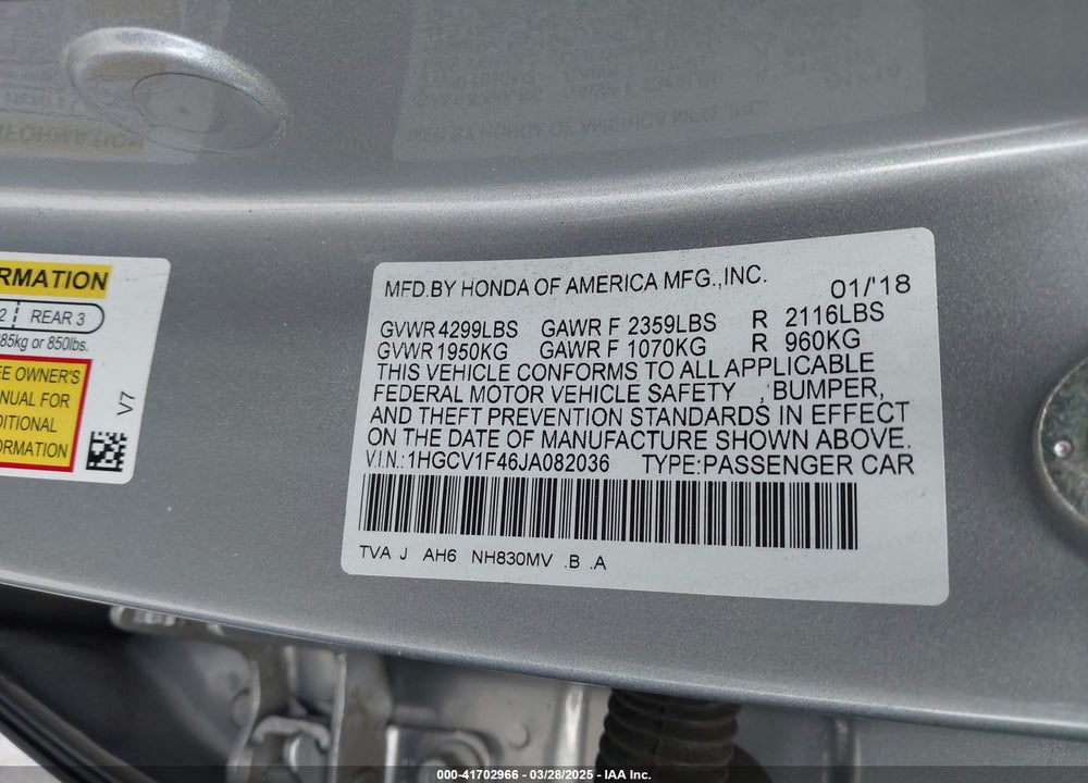 2018 HONDA ACCORD VIN: 1HGCV1F46JA082036