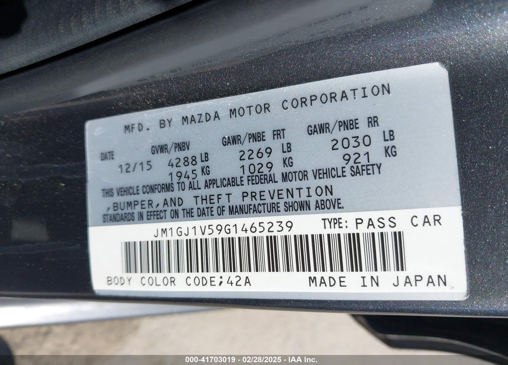 2016 MAZDA 6 I TOURING VIN: JM1GJ1V59G1465239