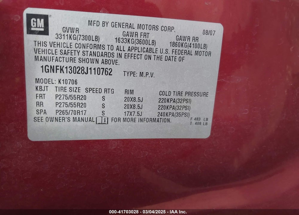 2008 CHEVROLET TAHOE LTZ VIN: 1GNFK13028J110762