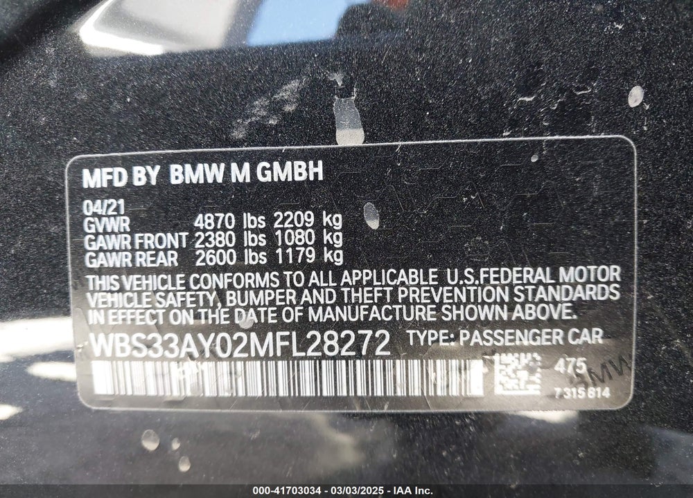 2021 BMW M3 VIN: WBS33AY02MFL28272