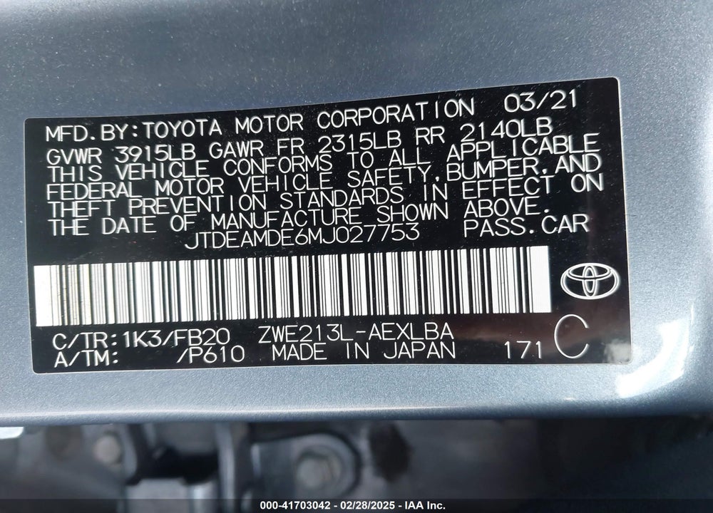 2021 TOYOTA COROLLA HYBRID LE VIN: JTDEAMDE6MJ027753