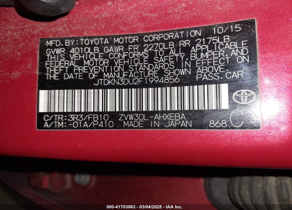 2015 TOYOTA PRIUS VIN: JTDKN3DU2F1994856