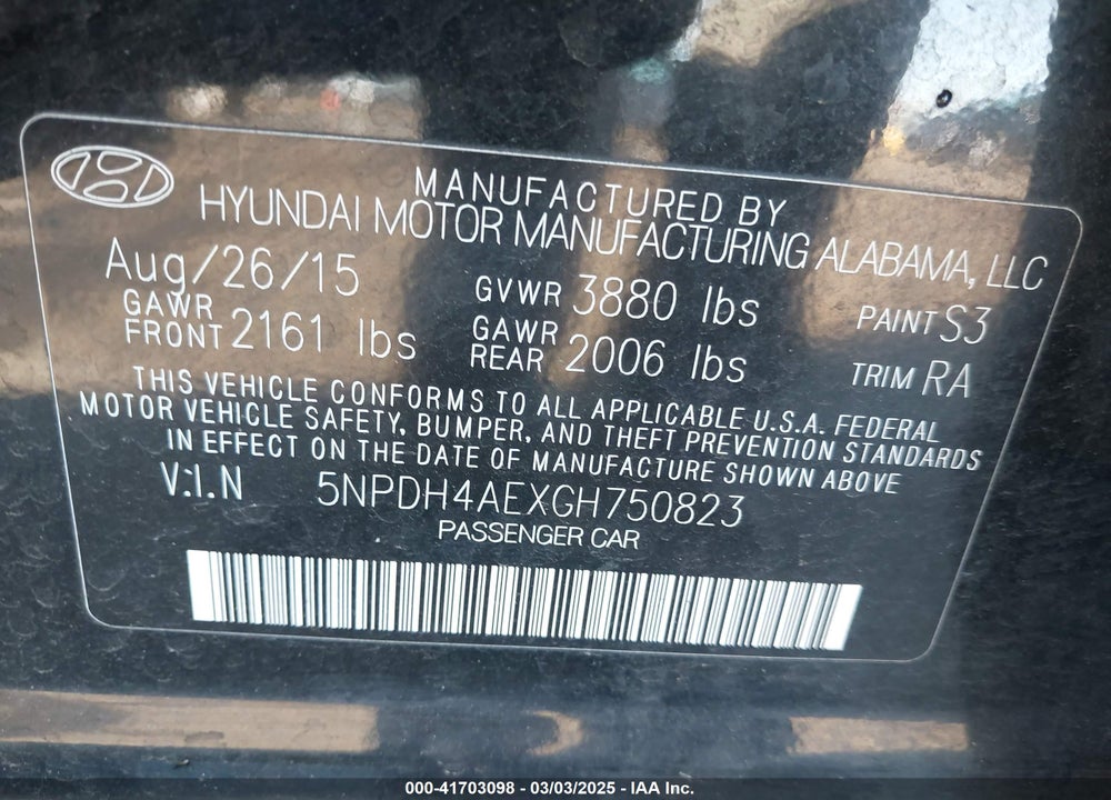 2016 HYUNDAI ELANTRA VIN: 5NPDH4AEXGH750823