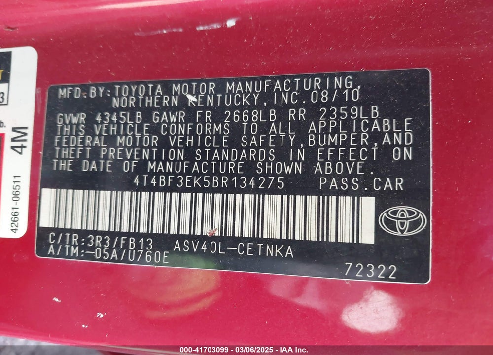 2011 TOYOTA CAMRY LE VIN: 4T4BF3EK5BR134275