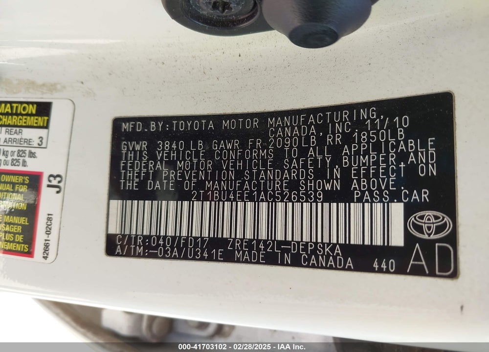 2010 TOYOTA COROLLA VIN: 2T1BU4EE1AC526539