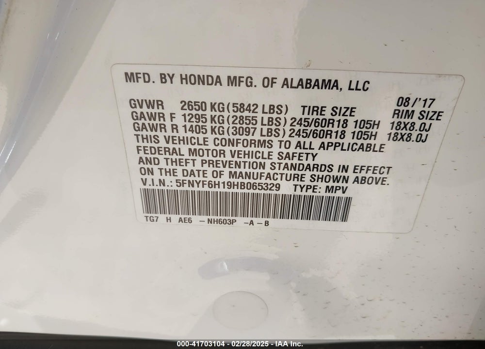 2017 HONDA PILOT LX VIN: 5FNYF6H19HB065329