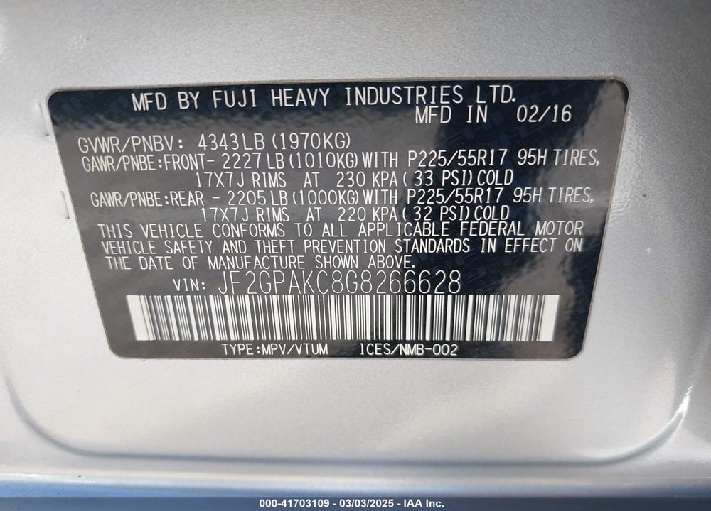 2016 SUBARU CROSSTREK VIN: JF2GPAKC8G8266628