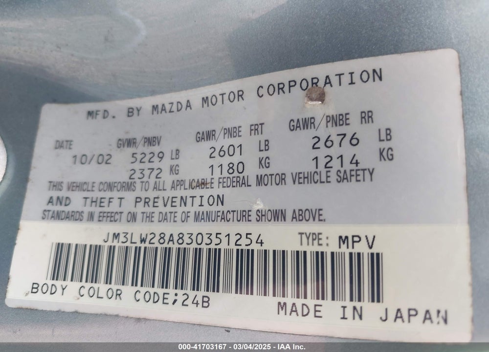 2003 MAZDA MPV VIN: JM3LW28A830351254