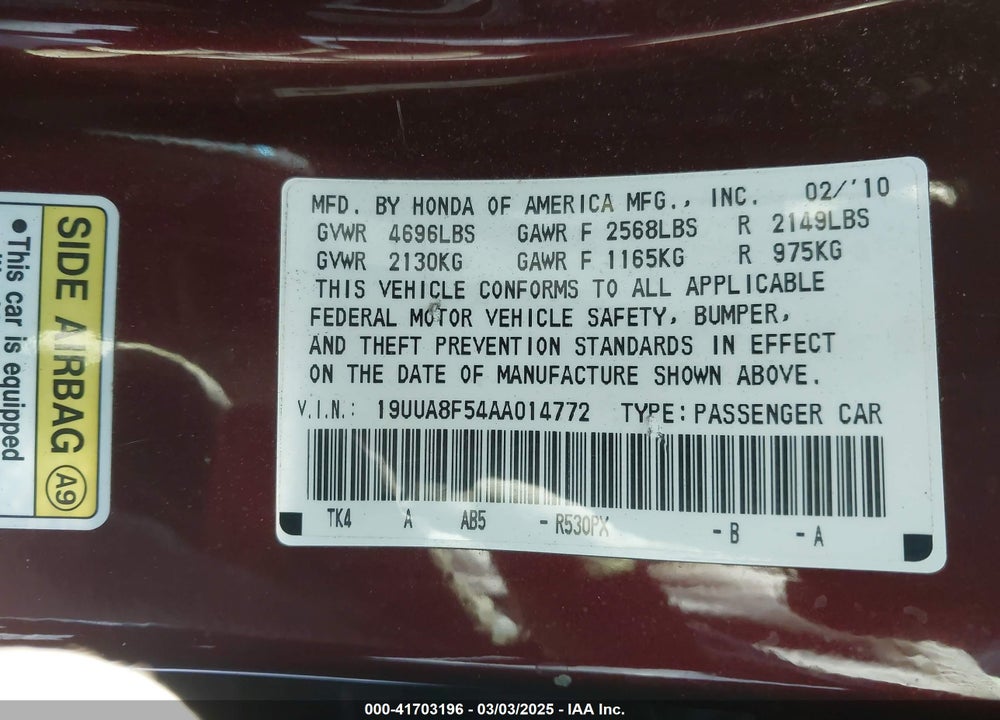 2010 ACURA TL VIN: 19UUA8F54AA014772