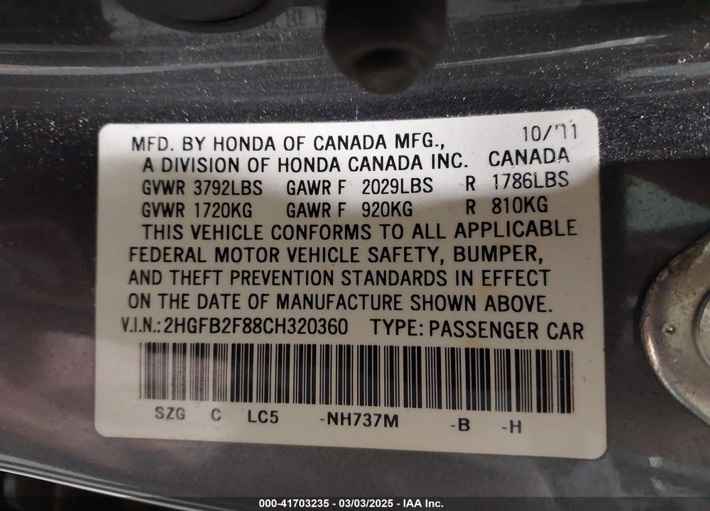 2012 HONDA CIVIC VIN: 2HGFB2F88CH320360