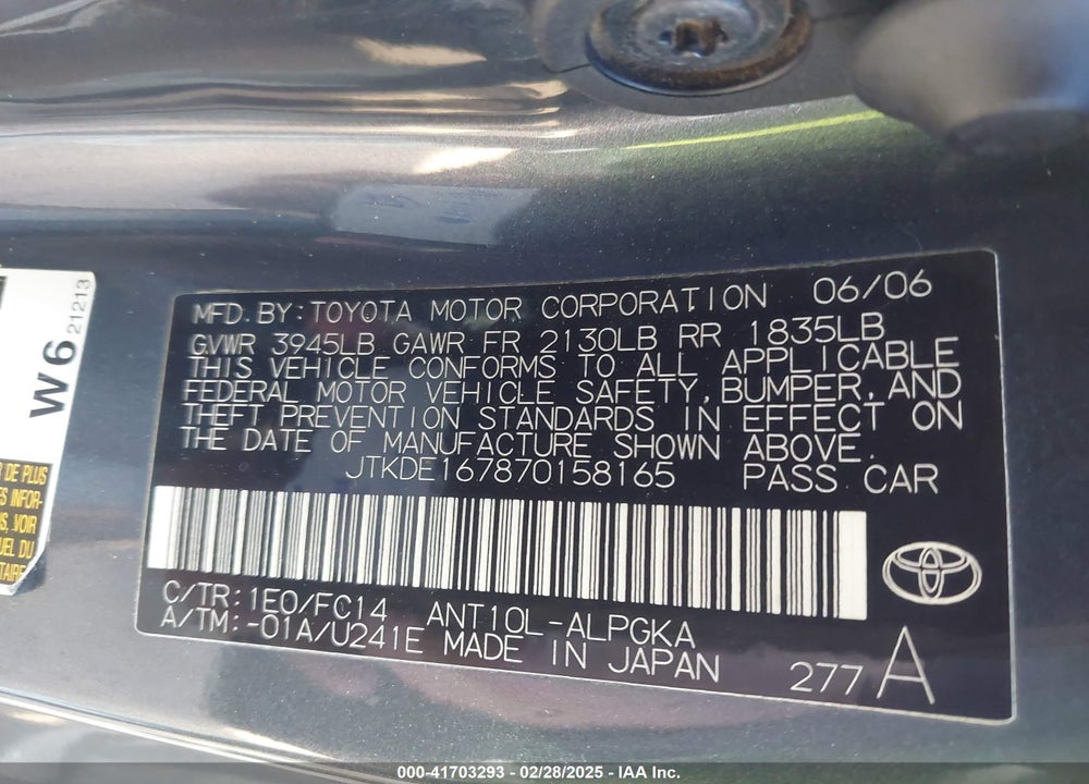 2007 SCION TC VIN: JTKDE167870158165