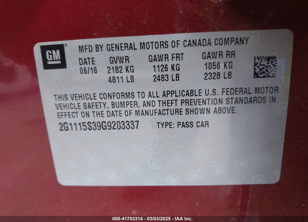 2016 CHEVROLET IMPALA VIN: 2G1115S39G9203337