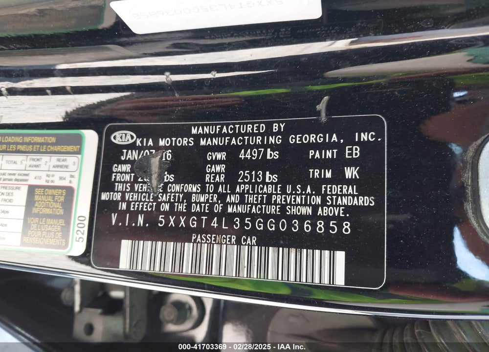 2016 KIA OPTIMA VIN: 5XXGT4L35GG036858