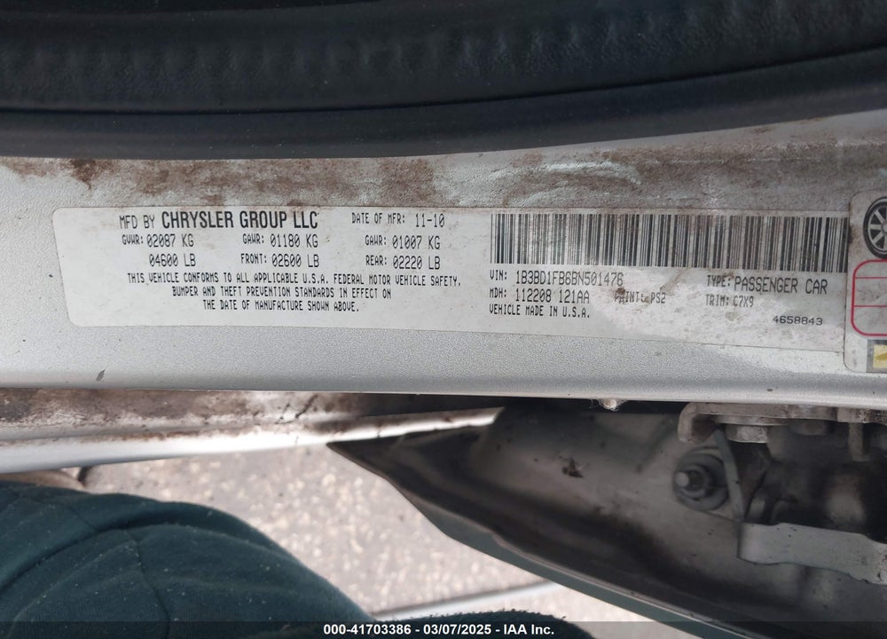 2011 DODGE AVENGER VIN: 1B3BD1FB6BN501476