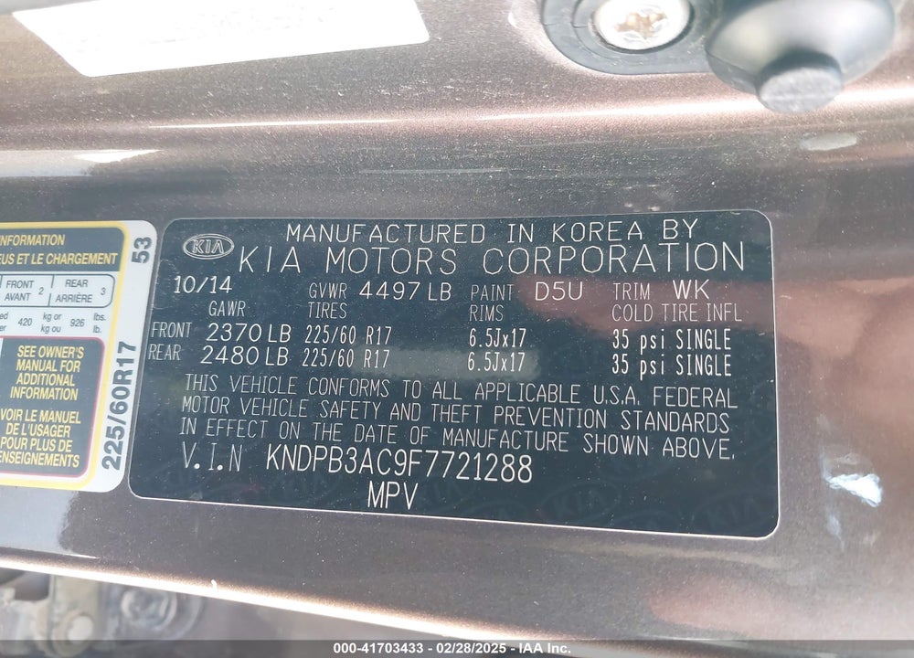 2015 KIA SPORTAGE VIN: KNDPB3AC9F7721288