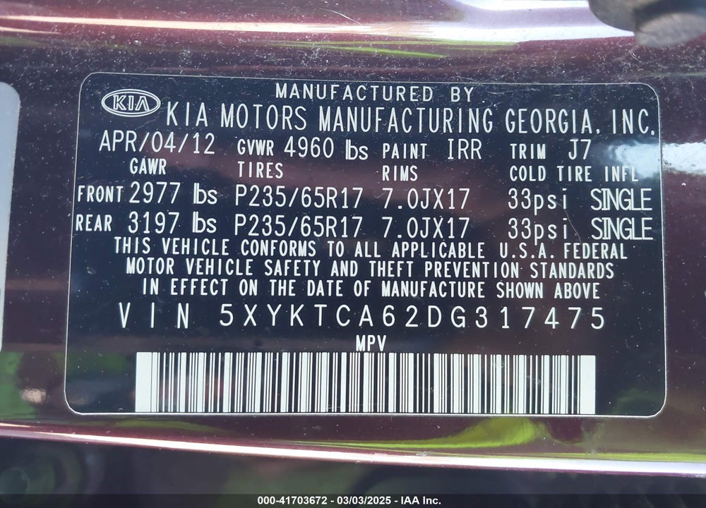 2013 KIA SORENTO LX VIN: 5XYKTCA62DG317475