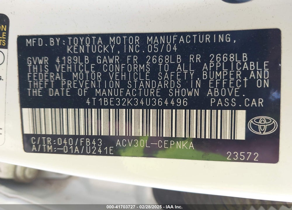2004 TOYOTA CAMRY LE VIN: 4T1BE32K34U364496