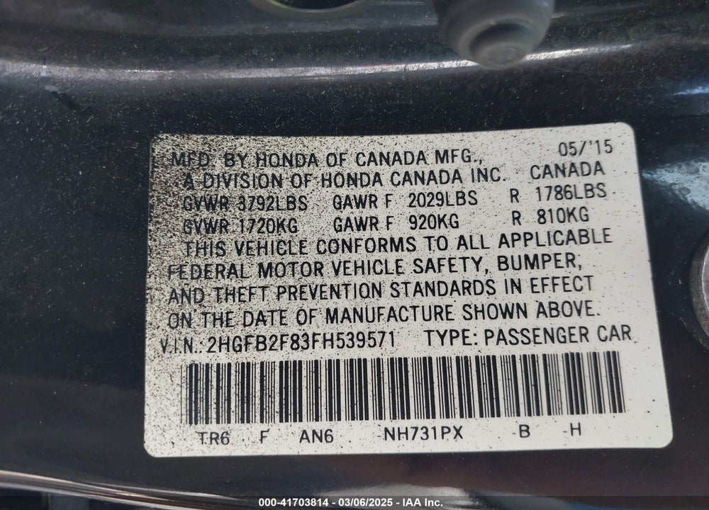 2015 HONDA CIVIC VIN: 2HGFB2F83FH539571