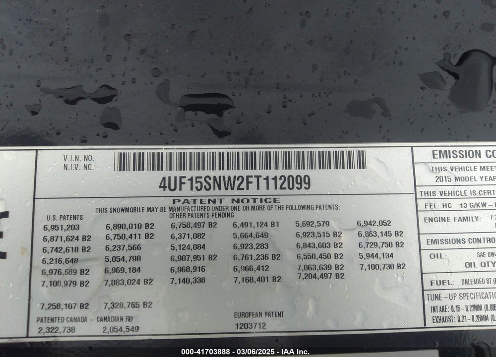 2015 ARCTIC CAT XF 7000 SNO PRO LTD VIN: 4UF15SNW2FT112099