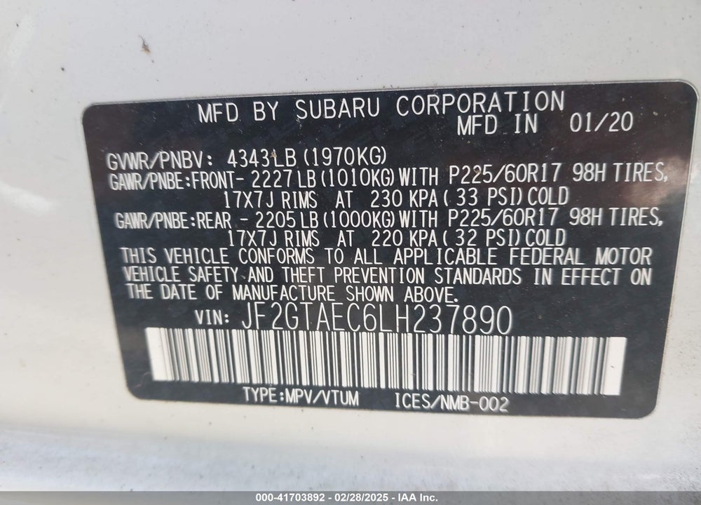 2020 SUBARU CROSSTREK PREMIUM VIN: JF2GTAEC6LH237890