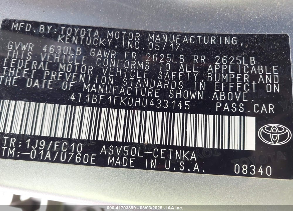 2017 TOYOTA CAMRY VIN: 4T1BF1FK0HU433145