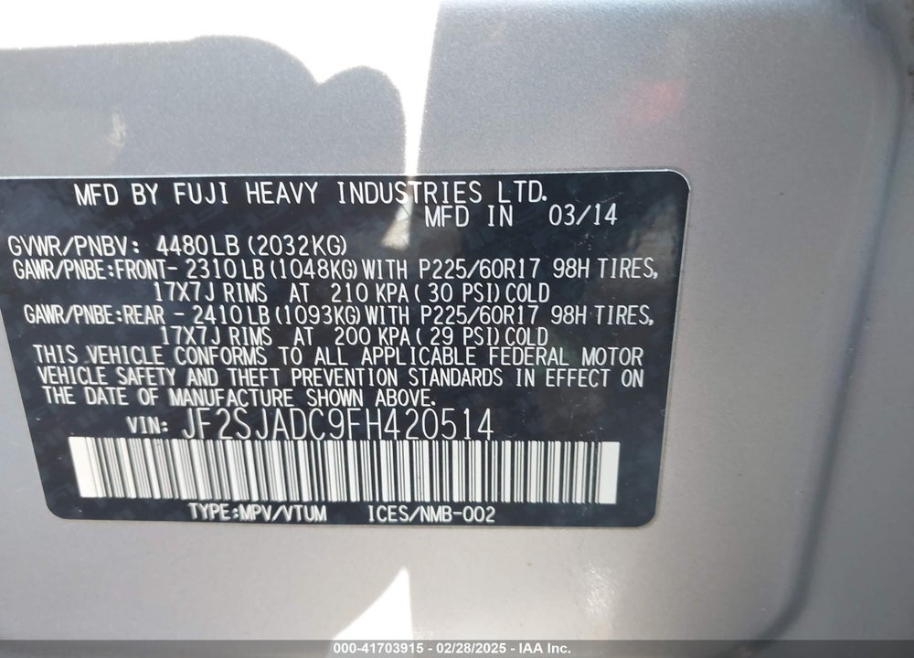 2015 SUBARU FORESTER VIN: JF2SJADC9FH420514