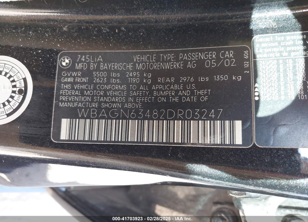 2002 BMW 745LI VIN: WBAGN63482DR03247