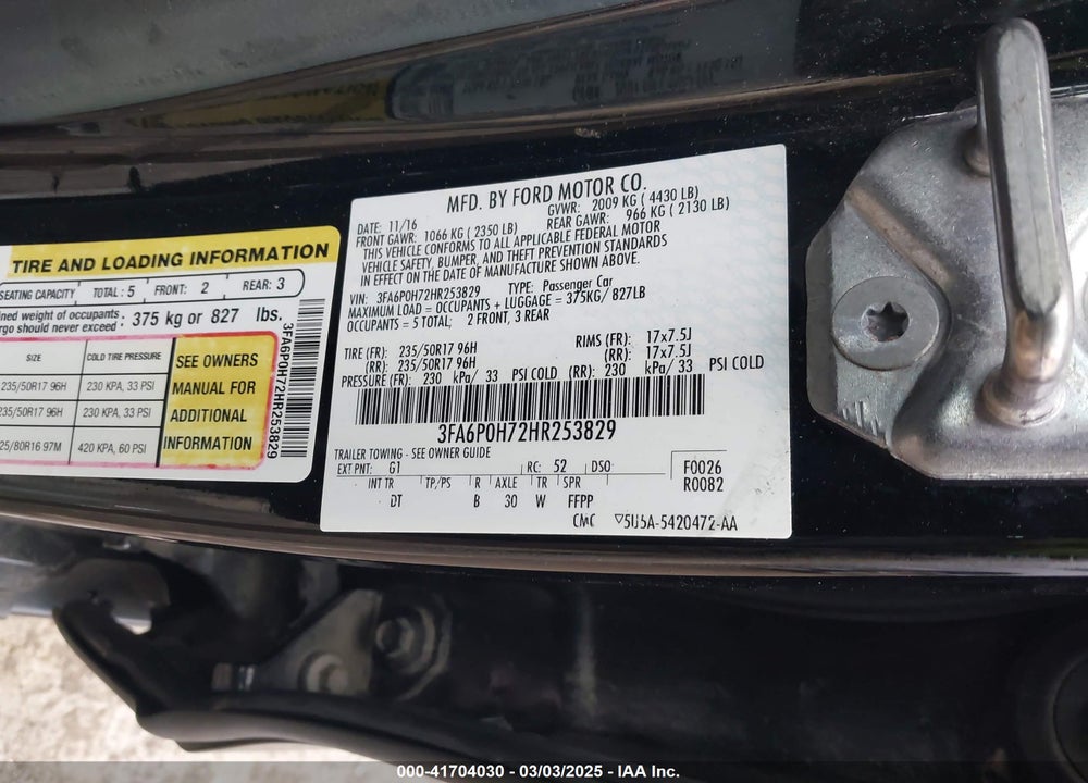2017 FORD FUSION VIN: 3FA6P0H72HR253829
