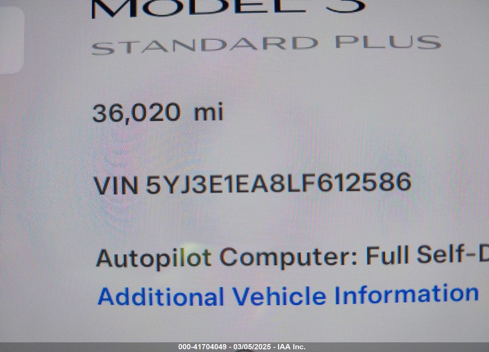2020 TESLA MODEL 3 VIN: 5YJ3E1EA8LF612586