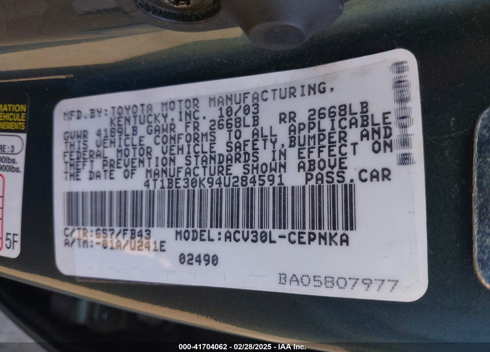 2004 TOYOTA CAMRY LE VIN: 4T1BE30K94U284591