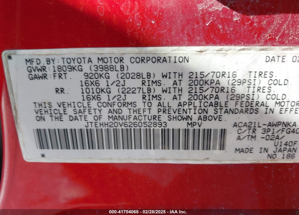 2002 TOYOTA RAV4 VIN: JTEHH20V626052893