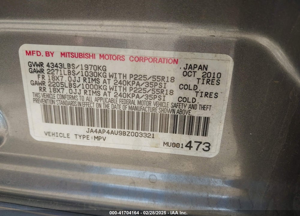 2011 MITSUBISHI OUTLANDER SPORT VIN: JA4AP4AU9BZ003321