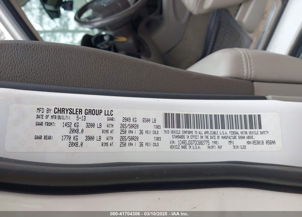 2013 DODGE DURANGO VIN: 1C4RDJDG7DC682775