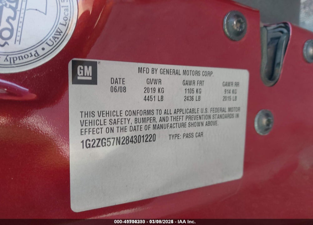 2008 PONTIAC G6 VIN: 1G2ZG57N284301220