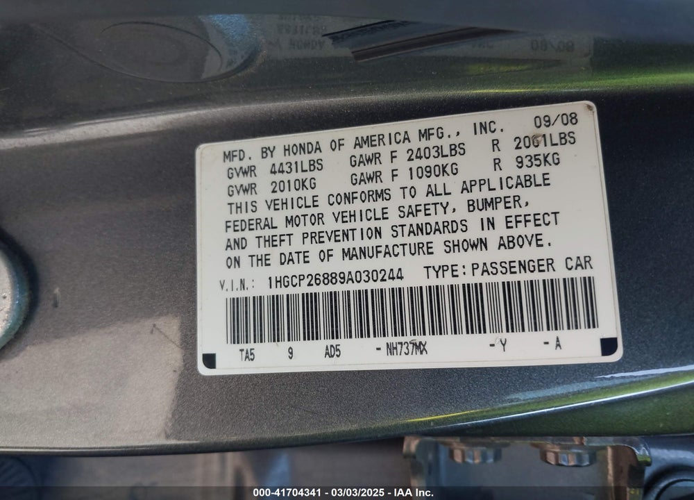2009 HONDA ACCORD 2.4 EX-L VIN: 1HGCP26889A030244