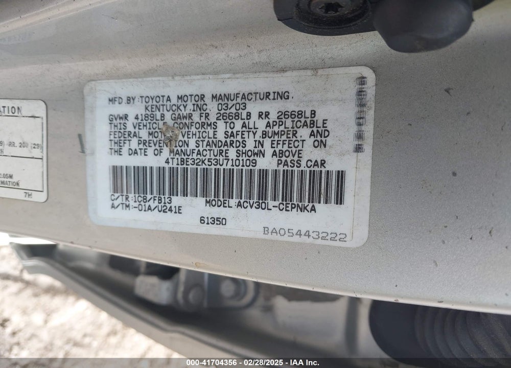 2003 TOYOTA CAMRY LE VIN: 4T1BE32K53U710109